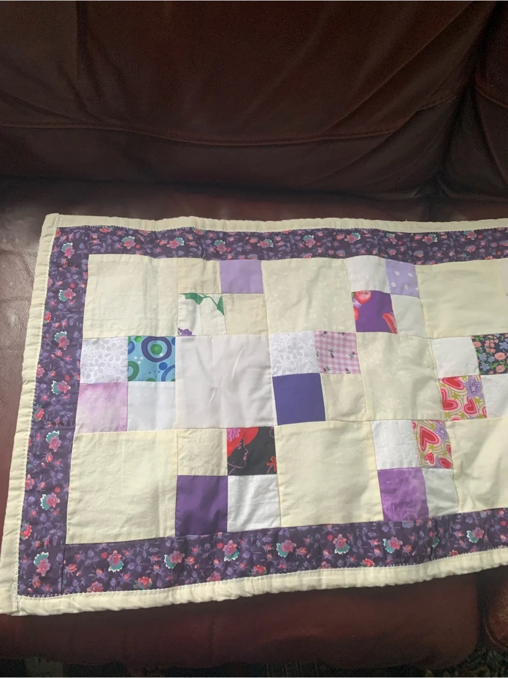 Handmade Purple Patchwork Table Runner | 68x15 Quilted Dresser Scarf Cottagecore